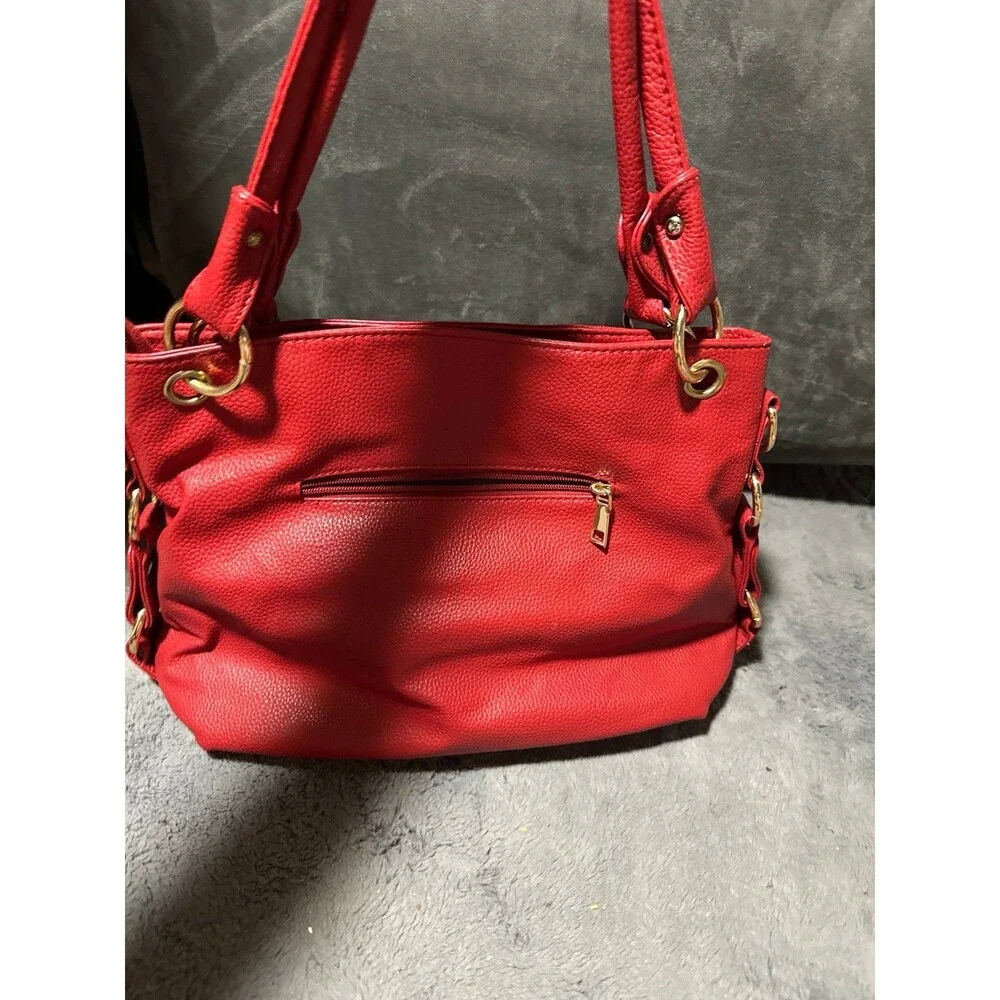 Lanzhixin Red Vegan Leather Shoulder Bag Tassel Accents Gold Hardware
